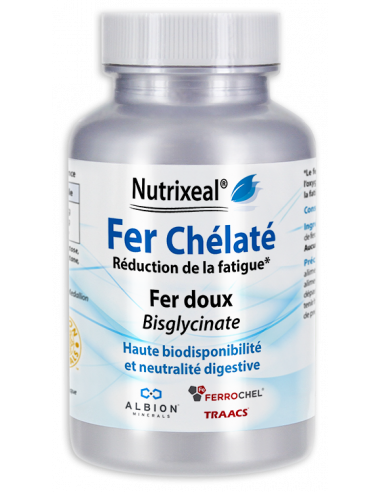 Fer chélaté (bisglycinate), haute Biodisponibilité, 14 mg de fer élément par gélule.