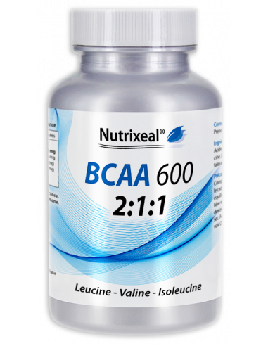 BCAA (Branched Chain Amino Acids) : acides aminés branchés, 600 mg, aucun excipient. L-leucine, L-isoleucine et L-valine.