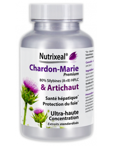 Extrait de chardon-marie (80% de silymarine) et extrait d'artichaut (cynarine).
