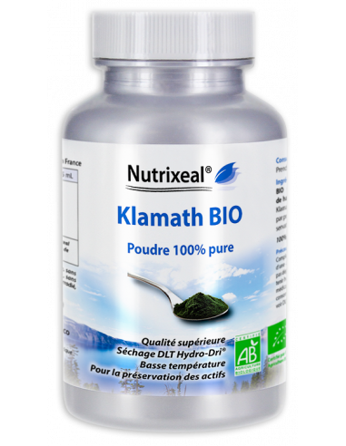 100% klamath BIO garantie sans microcystine et sans excipient. Qualité HydroDri (DLT) (séchage basse température).