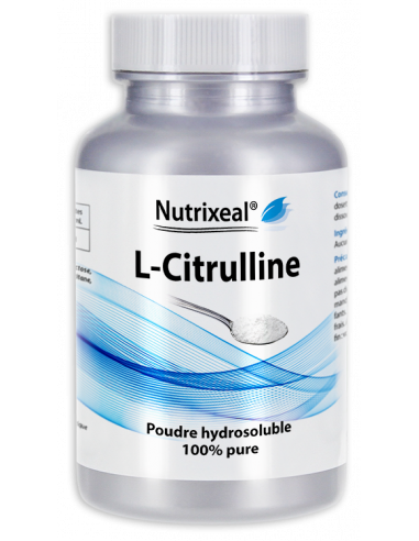 L-Citrulline en poudre 100% pure, sans excipient. Origine biofermentation. Laboratoire français Nutrixeal.