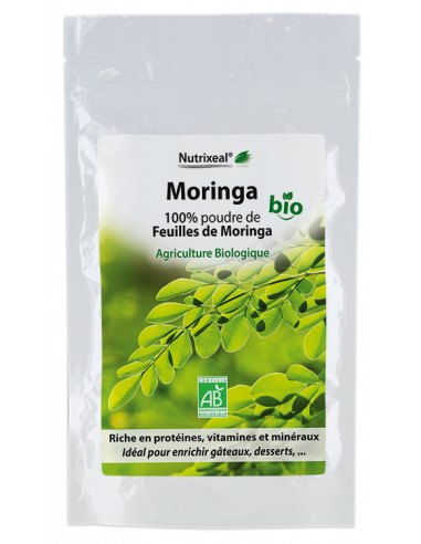 100% poudre de feuilles de Moringa BIO, sans excipient. Naturellement riche en protéines, vitamines et minéraux.