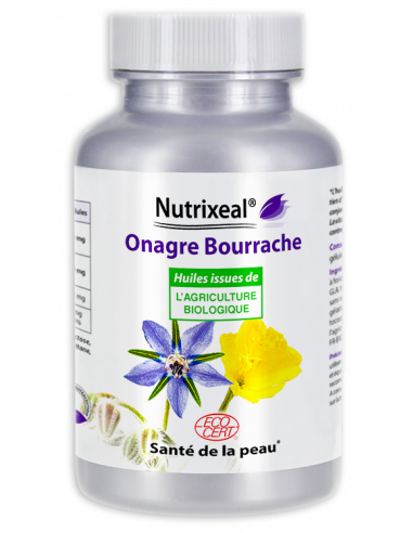 Mélange 50/50 d'huile d'onagre BIO et de bourrache BIO : 500 mg par gélule , standardisation en GLA.