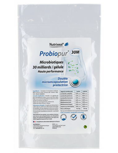 PROBIOTIQUE double micro-encapsulation, 30 Milliards de souches par gélule, 7 souches différentes.