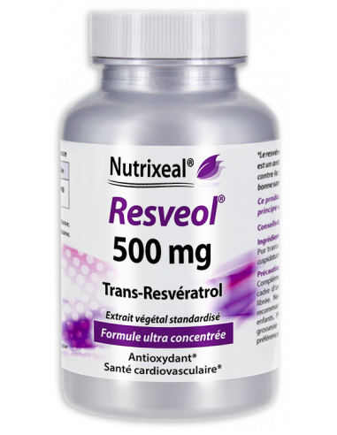 Resveol 500 mg Nutrixeal : extrait de Polygonum cuspidatum standardisé, 500 mg de trans-resvératrol par gélule végétale.
