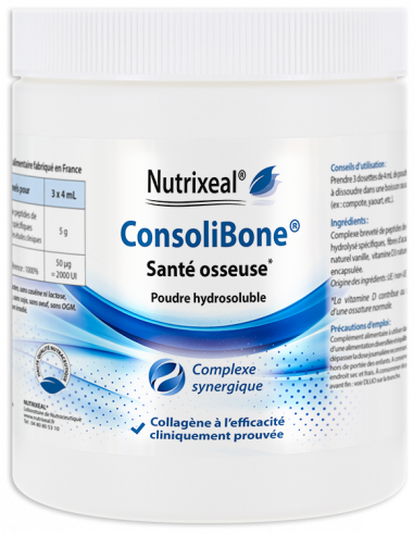 ConsoliBone Nutrixeal : santé osseuse, peptides de collagène spécifiques + vitamine D3 naturelle micro-encapsulée.