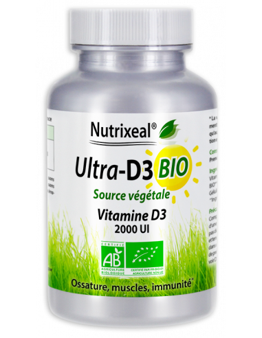 Ultra-D3 BIO Nutrixeal : vitamine D3 végétale BIO, 2000 UI soit 50 µg par comprimé, soit 1000% des AR en vitamine D.