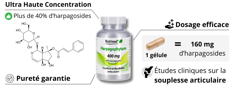 Atouts du complément alimentaire harpagophytum Nutrixeal haute qualité et concentration élevée en harpagosides
