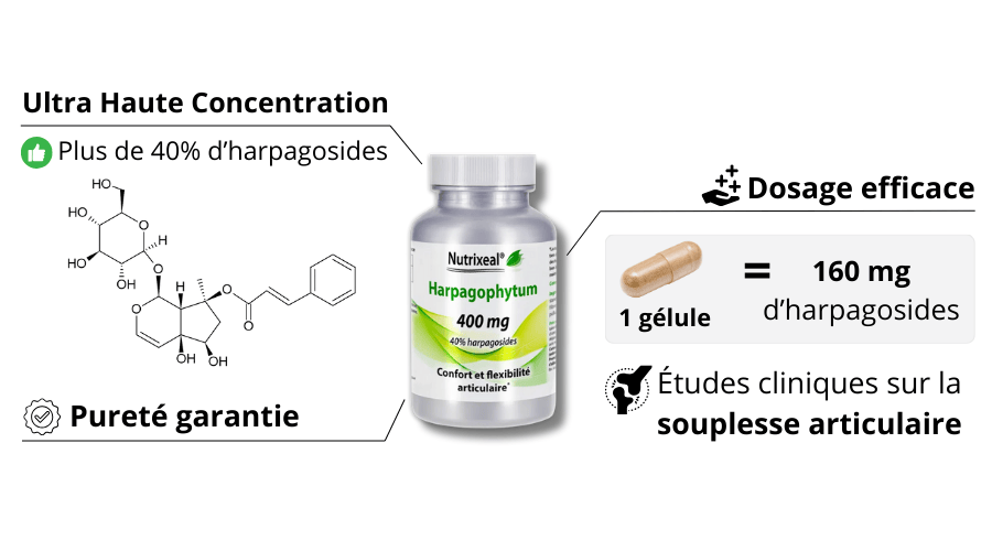 Atouts du complément alimentaire harpagophytum Nutrixeal haute qualité et concentration élevée en harpagosides